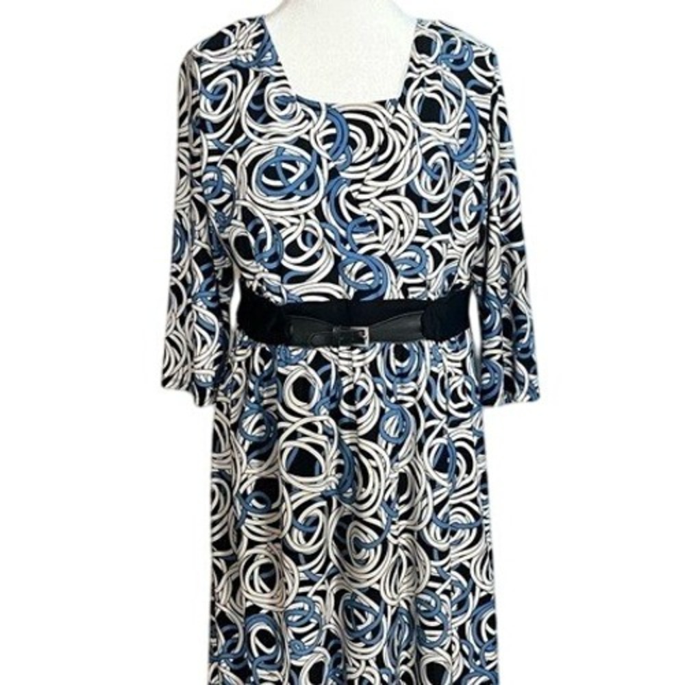 JM Collection Black Blue White Swirl Print Belted Midi Dress Casual Large Petite